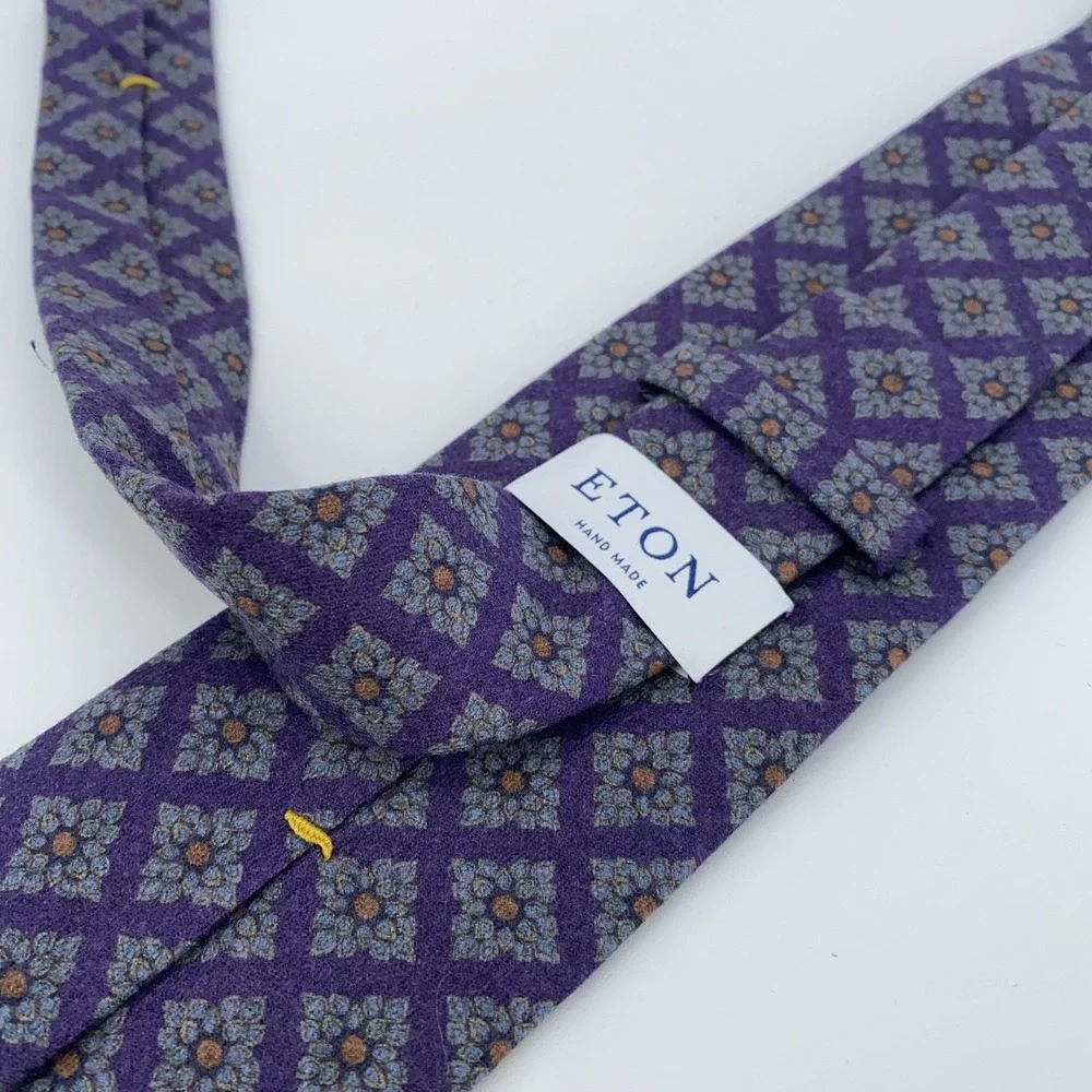 Eton Tie Mens One Size Purple Wool Floral Geometric Handmade Made Italy